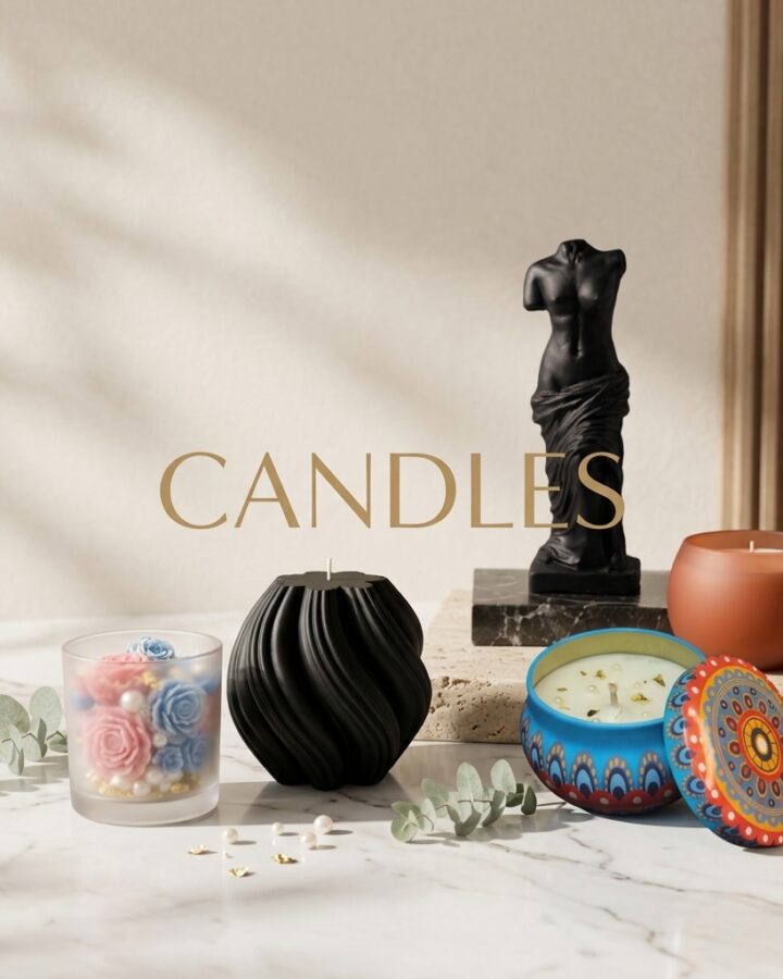 Luxury handmade scented candles by Karigar Kutir featuring decorative jar candles, sculptural candles, and artisan handcrafted home decor candles.