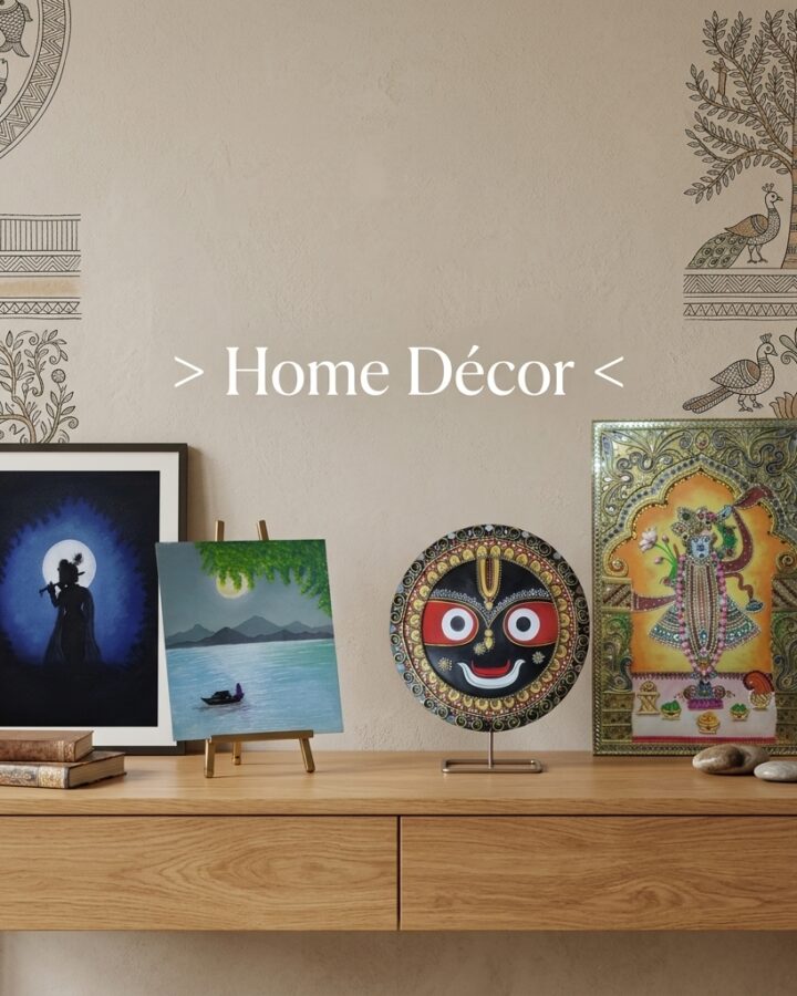 Handcrafted Indian home décor featuring traditional wall art, spiritual artwork, decorative paintings, and artisan décor by Karigar Kutir.